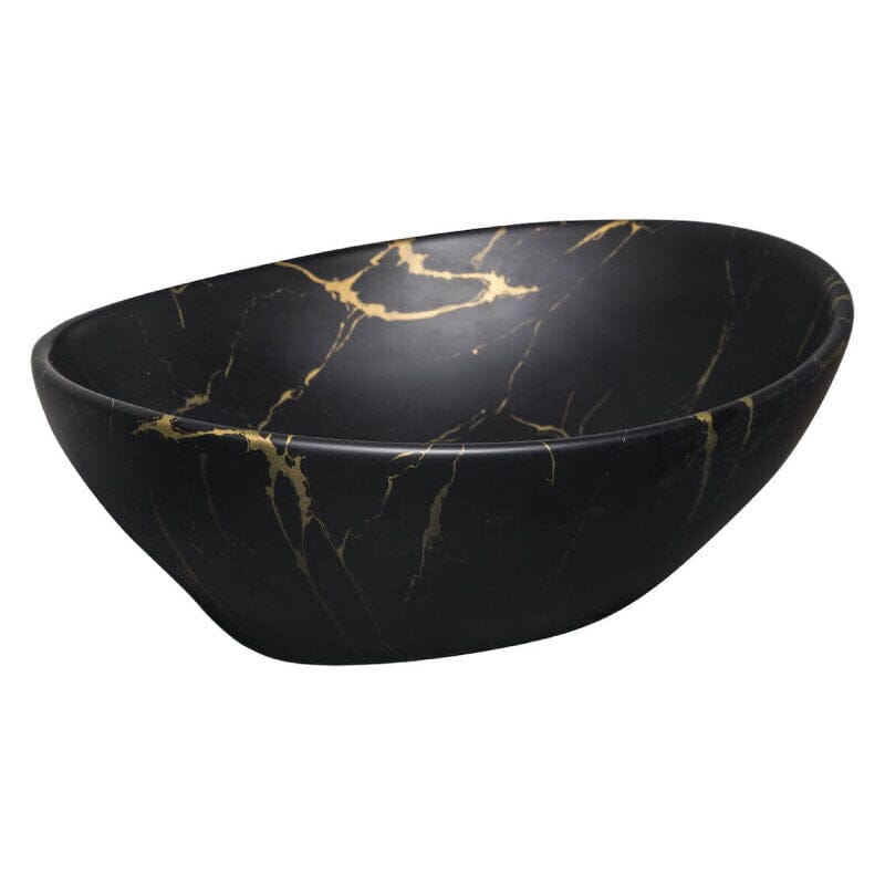 Lavabo ovalado con pedestal de cerámica TANDILA en negro mate y dorado - Entorno baño