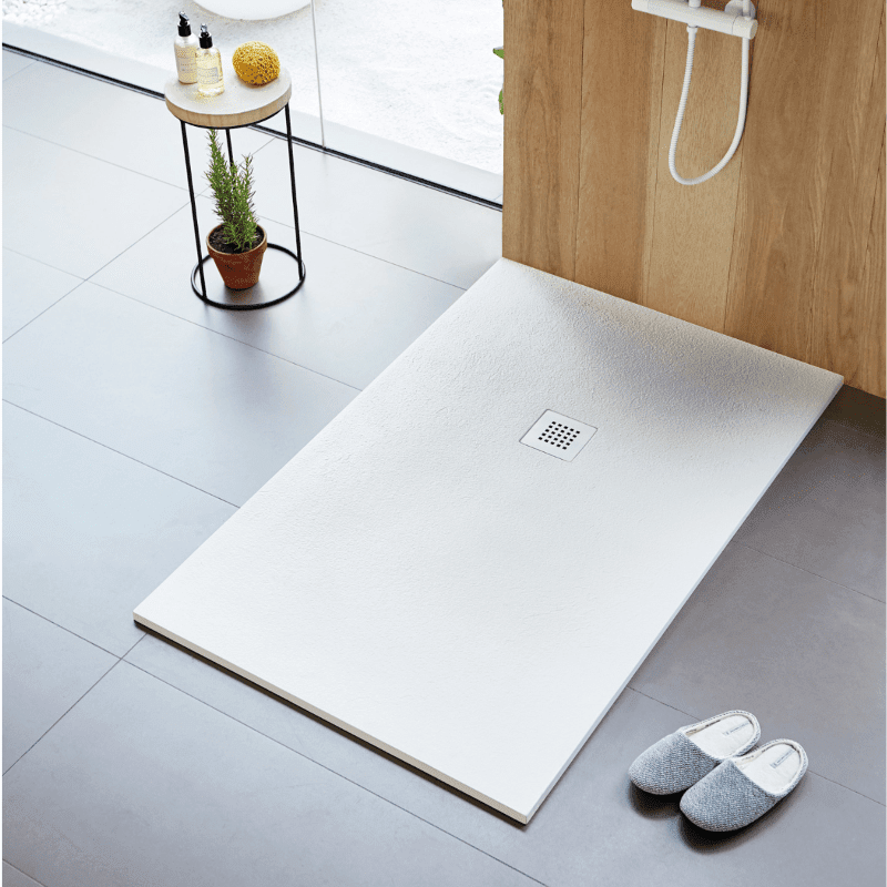 Plato de ducha extraplano STRATO con superficie de pizarra, rectangular, blanco
