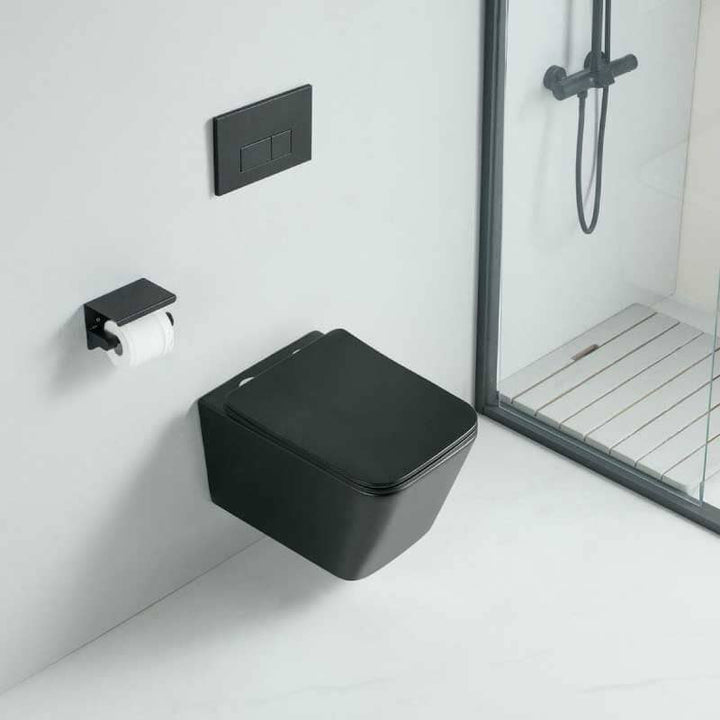 Inodoro Colgado De Pared De Lujo Negro Mate - Sin Montura, Asiento Suave Cierre Suave, Forma Redonda (Anas, 1211-11-BLK)