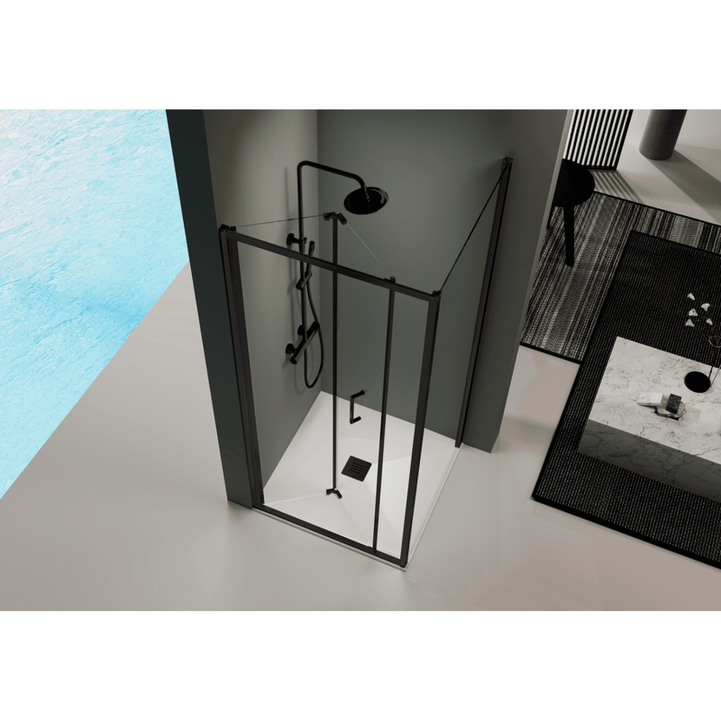 Mampara de ducha angular marca Kassandra modelo Prisma perfil negro mate - Entorno Baño