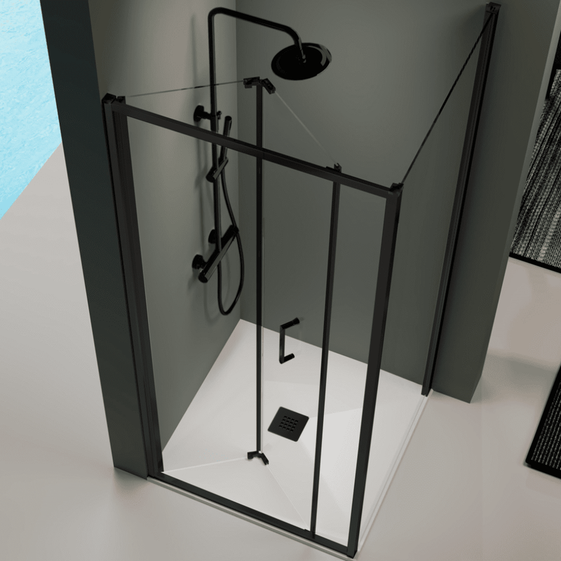 Mampara de ducha angular marca Kassandra modelo Prisma perfil negro mate - Entorno Baño