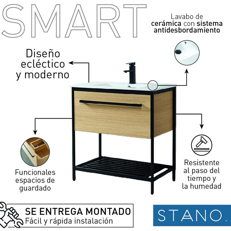 Mueble de Bano con patas + Lavabo 80 cm SMART – Madera y Metal Negro