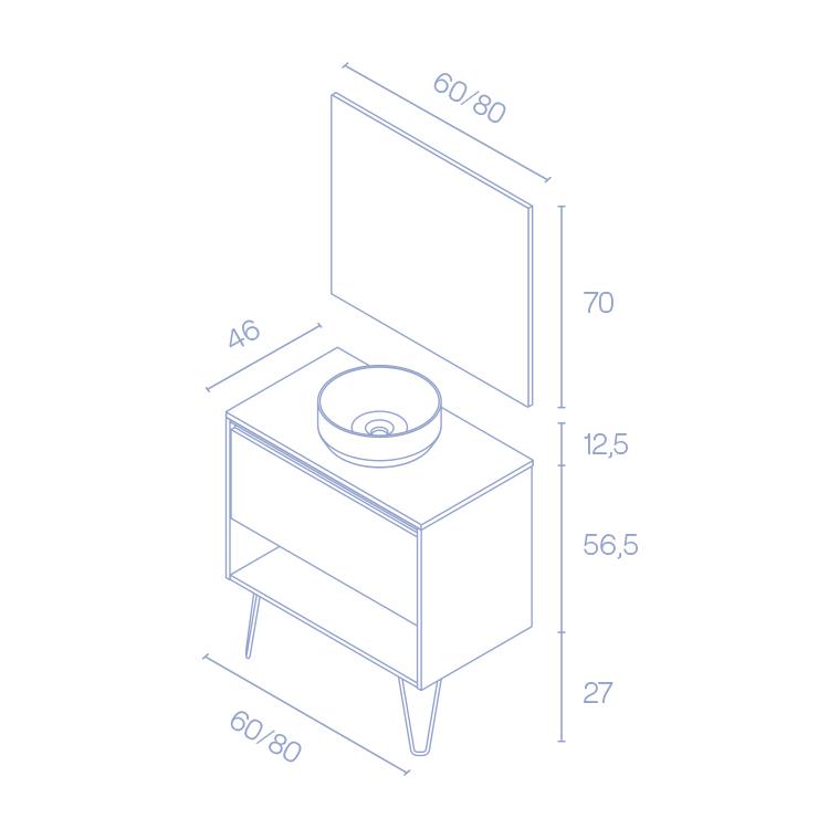 Mueble Lavabo + lavabo sobre encimera YOKO. Opcion Blanco, Roble y Fume. Dibujo tecnico 